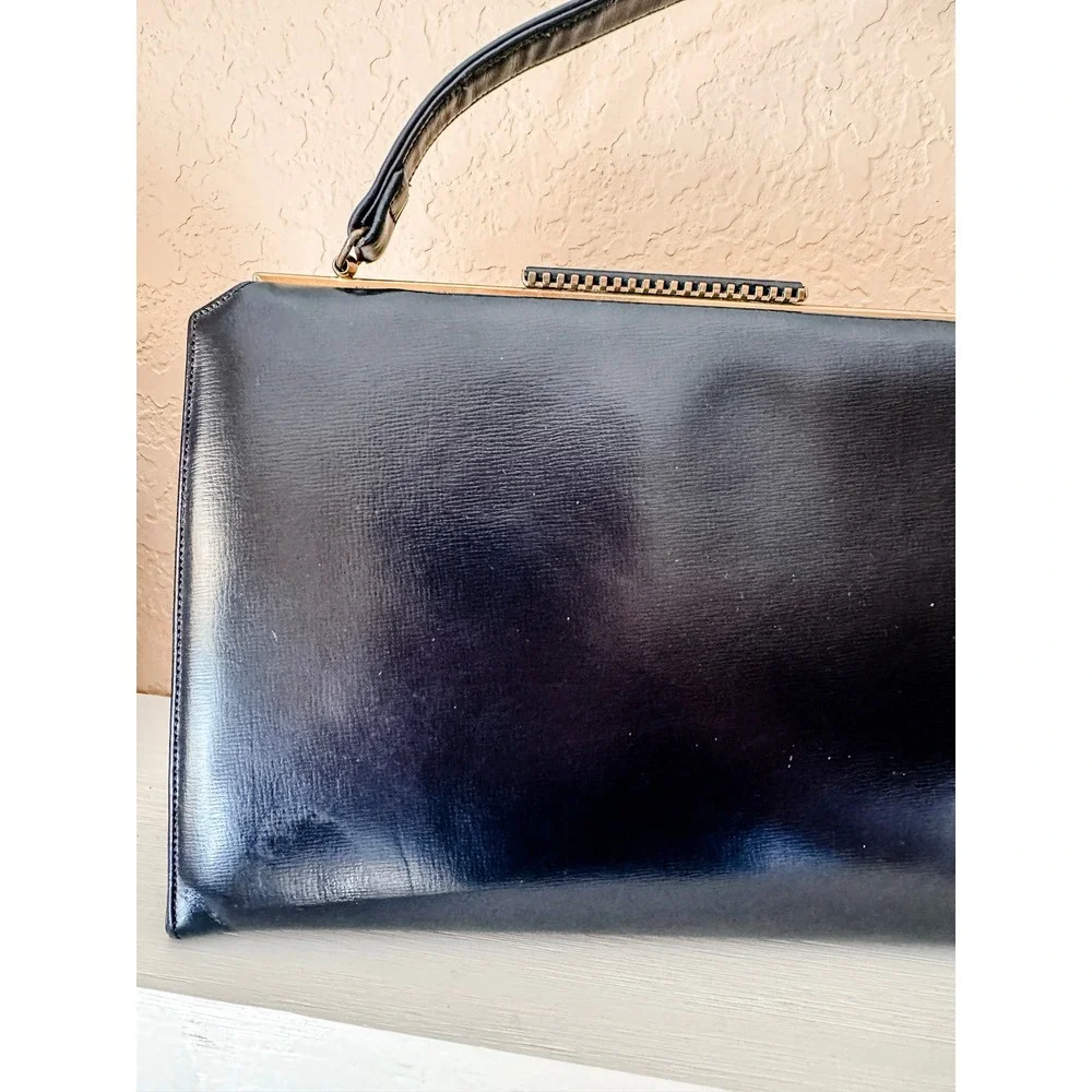 VINTAGE I. MAGNIN & CO. NAVY BLUE LEATHER TOP HANDLE FRAME‎ HANDBAG PURSE